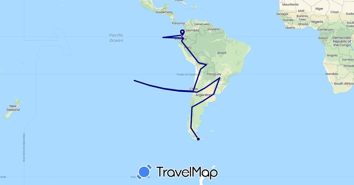 TravelMap itinerary: driving in Argentina, Bolivia, Chile, Ecuador (South America)
